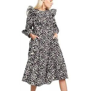 Leopard Print Long Sleeve Midi Dress Ruffle